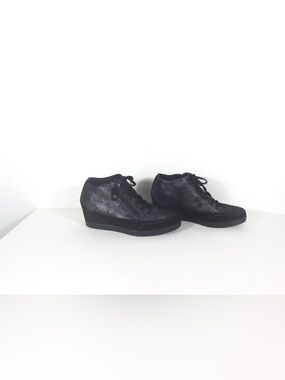 Italian Black Suede Silver Crackle Wedge Heel Ankle Boots Lace and Side Zipper